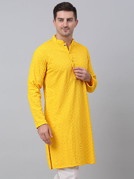Men's Yellow Embroidered Sequinned Kurta
