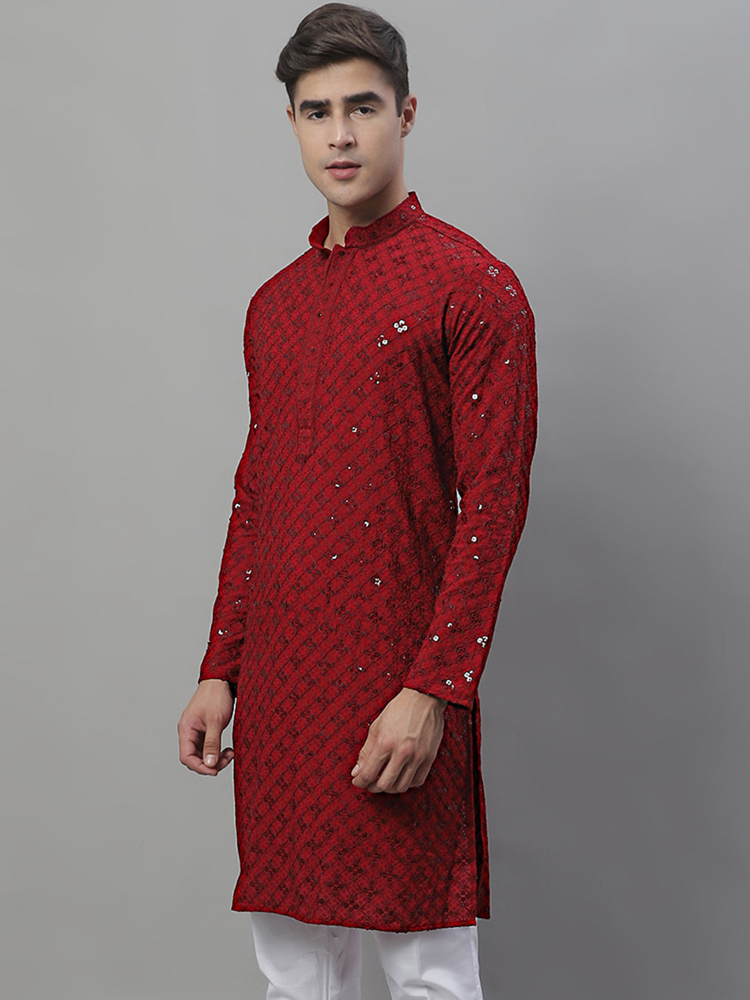 Men's Maroon  Chikankari Embroidered And Sequence Kurta