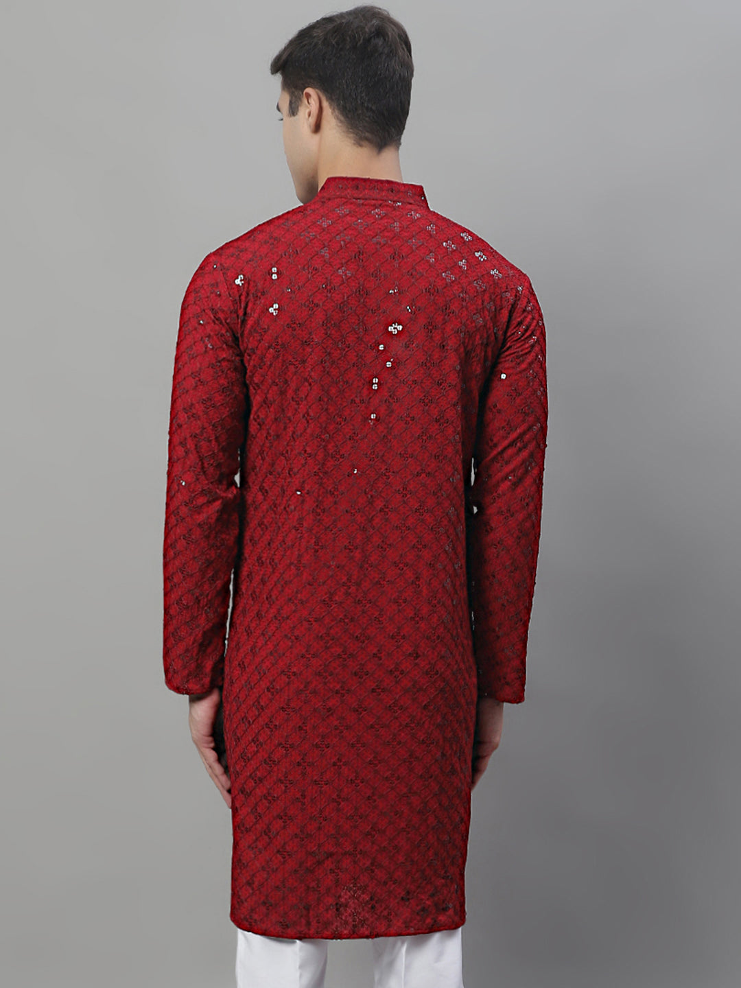 Men's Maroon  Chikankari Embroidered And Sequence Kurta