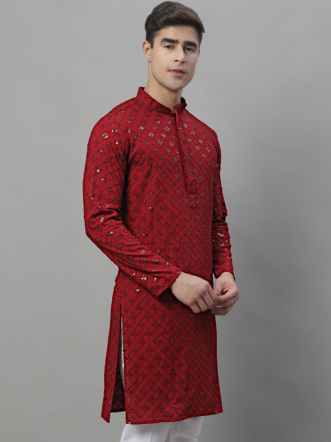 Men's Maroon  Chikankari Embroidered And Sequence Kurta