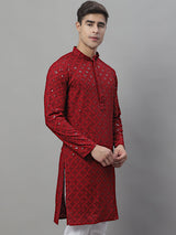 Men's Maroon  Chikankari Embroidered And Sequence Kurta