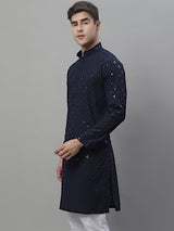 Men's Navy Blue Chikankari Embroidered And Sequence Kurta