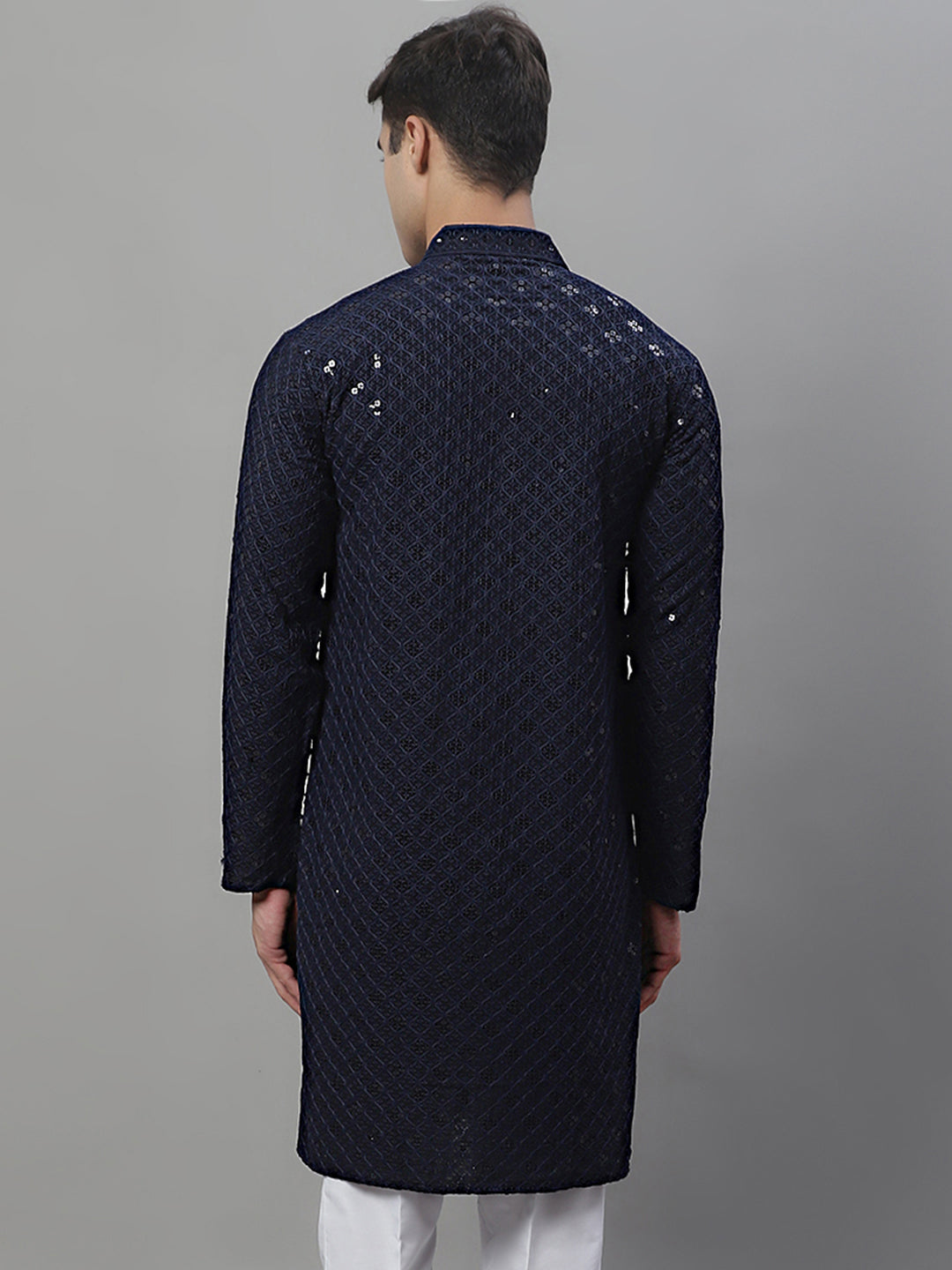 Men's Navy Blue Chikankari Embroidered And Sequence Kurta