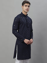 Men's Navy Blue Chikankari Embroidered And Sequence Kurta