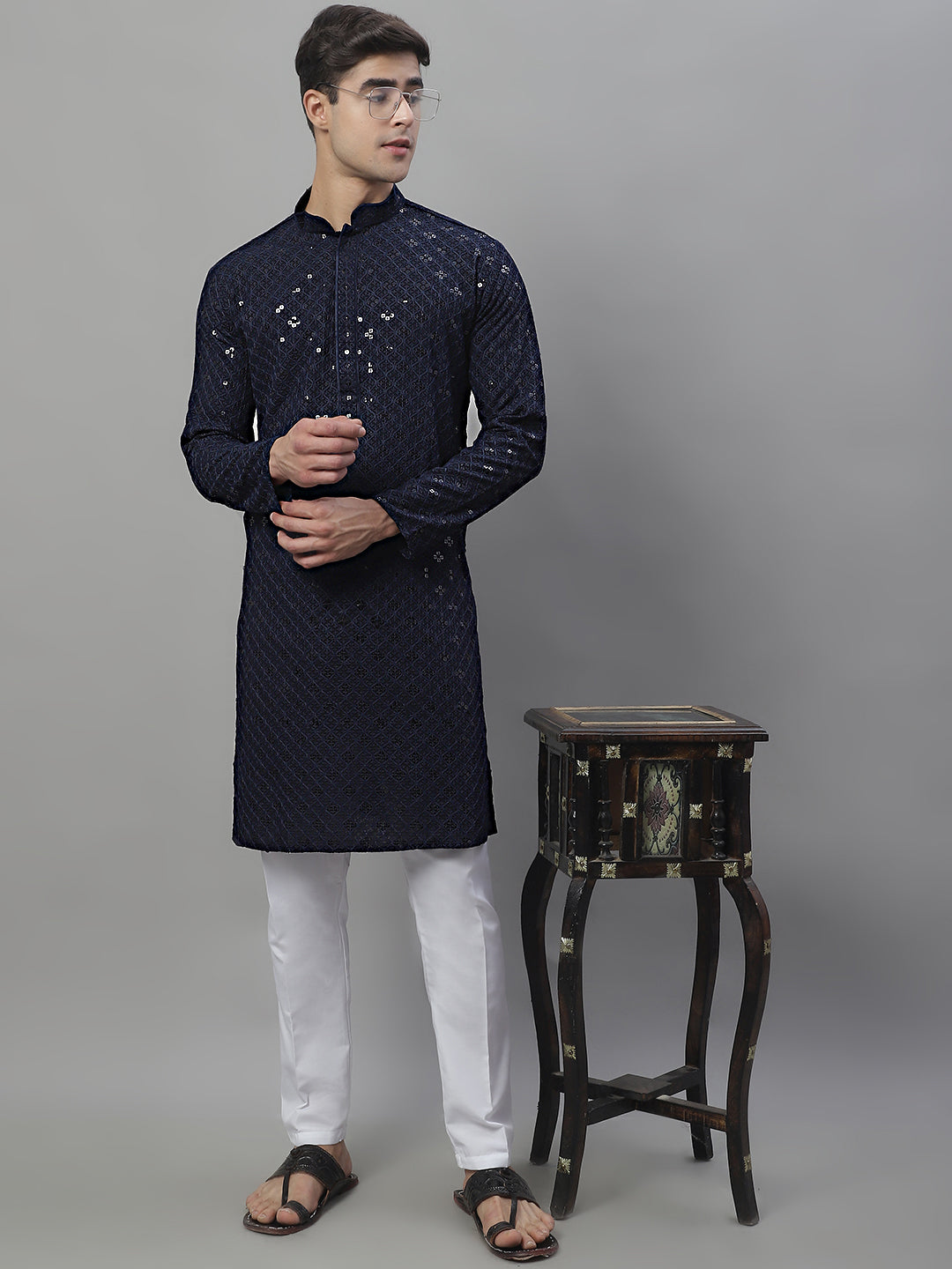 Men's Navy Blue Chikankari Embroidered And Sequence Kurta