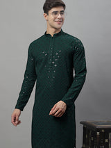 Men's Olive Green Chikankari Embroidered And Sequence Kurta