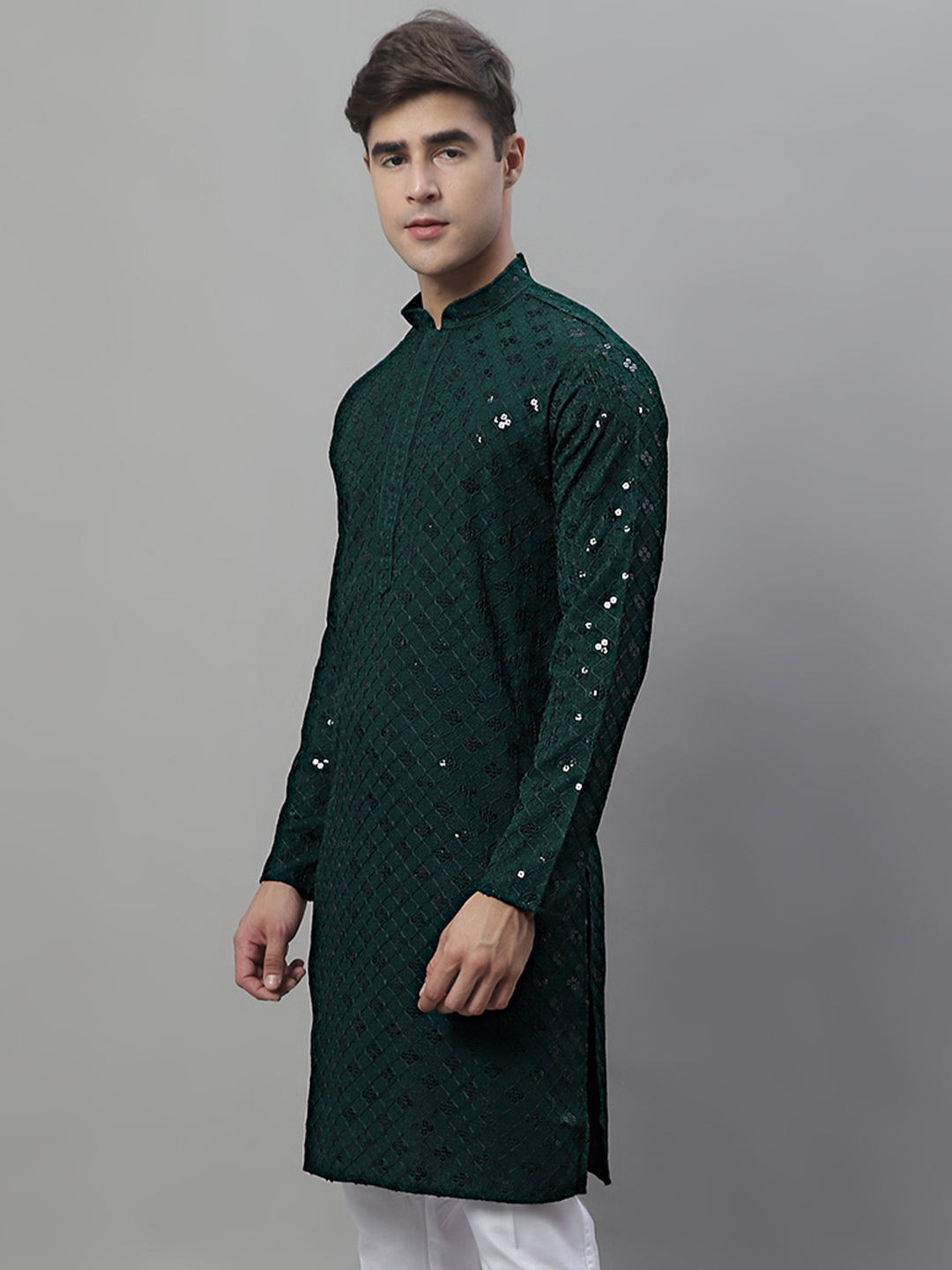 Men's Olive Green Chikankari Embroidered And Sequence Kurta