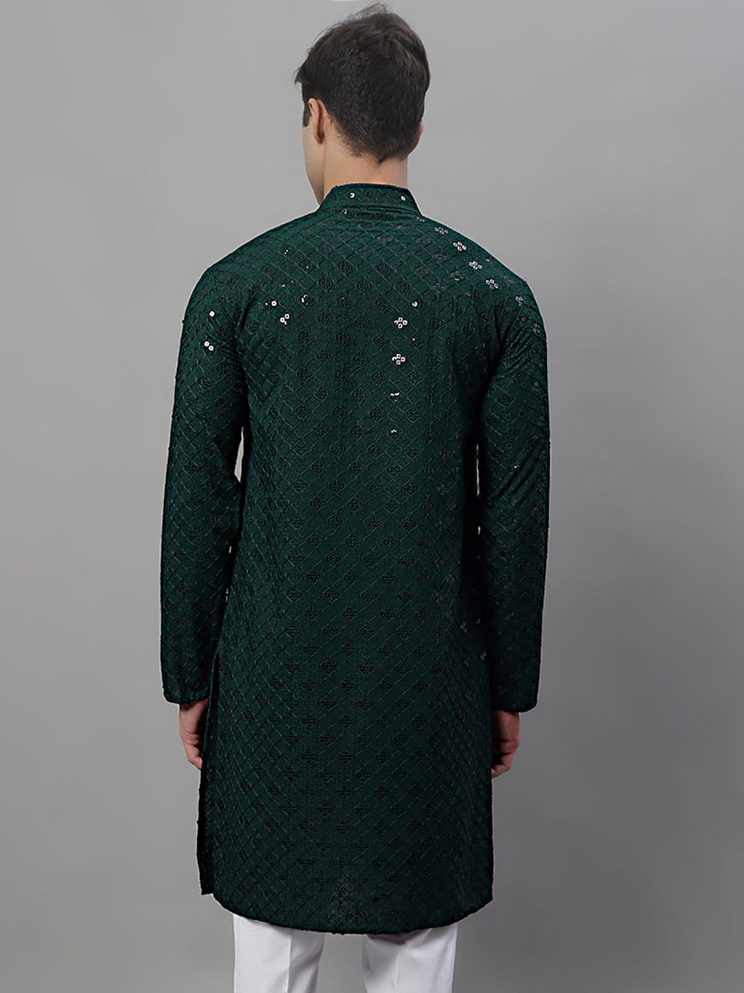 Men's Olive Green Chikankari Embroidered And Sequence Kurta