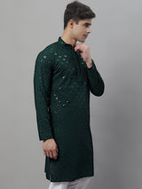 Men's Olive Green Chikankari Embroidered And Sequence Kurta