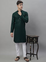 Men's Olive Green Chikankari Embroidered And Sequence Kurta