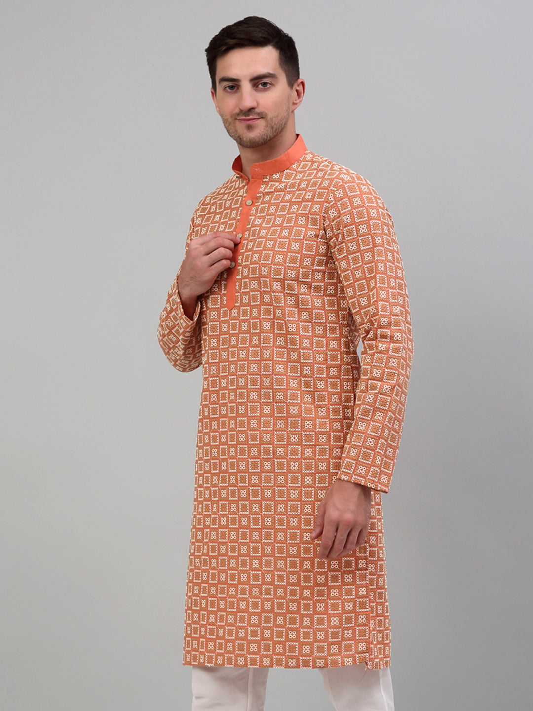 Men's Peach Embroidered Kurta