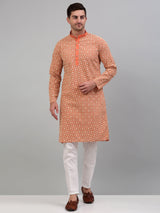 Men's Peach Embroidered Kurta