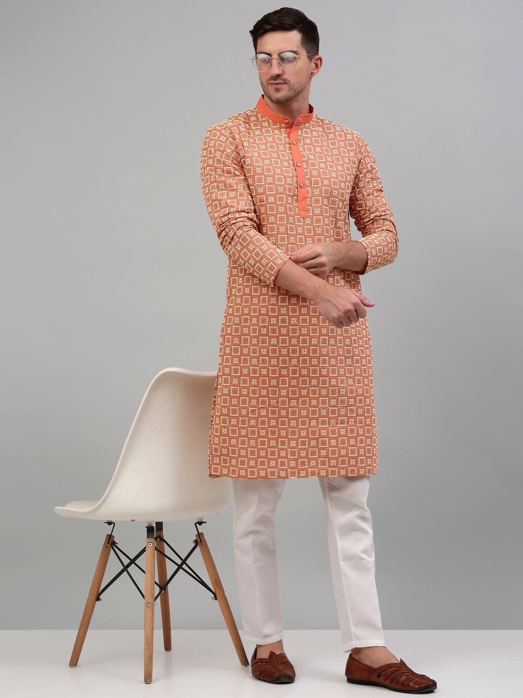 Men's Peach Embroidered Kurta