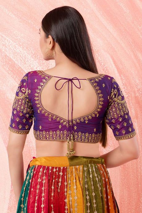 Purple Dupion Silk Round Neck Elbow Sleeves Blouse