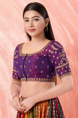 Purple Dupion Silk Round Neck Elbow Sleeves Blouse