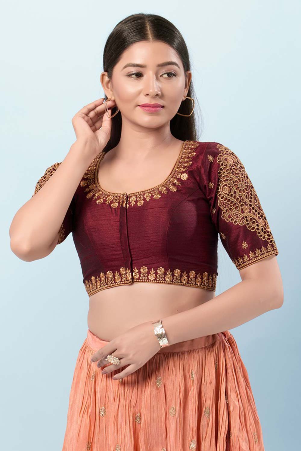 Maroon Silk Round Neck Elbow Sleeves Blouse