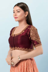 Maroon Silk Round Neck Elbow Sleeves Blouse