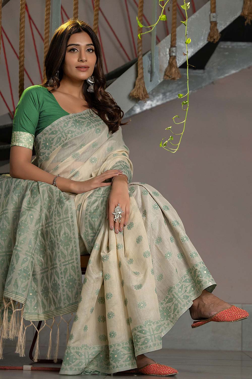 Green Cotton Jamdani Saree