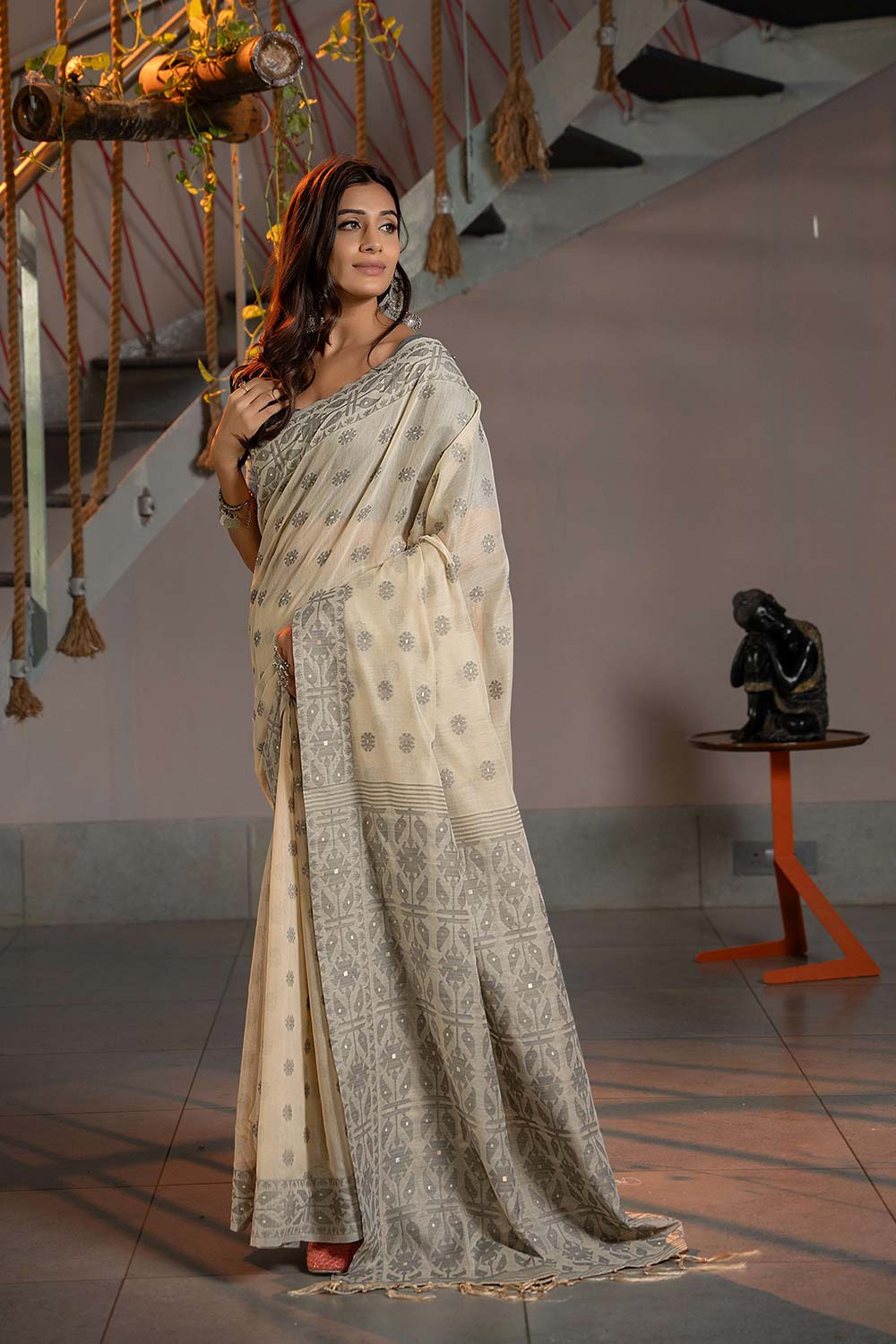 Grey Cotton Jamdani Saree