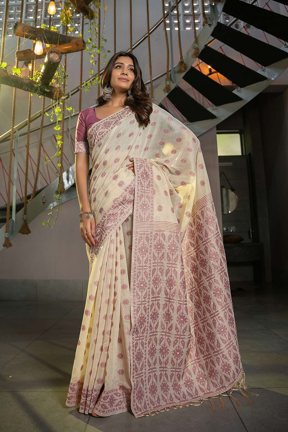 Mauve Cotton Jamdani Saree