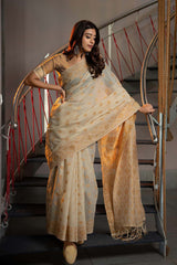 Mustard Cotton Jamdani Saree