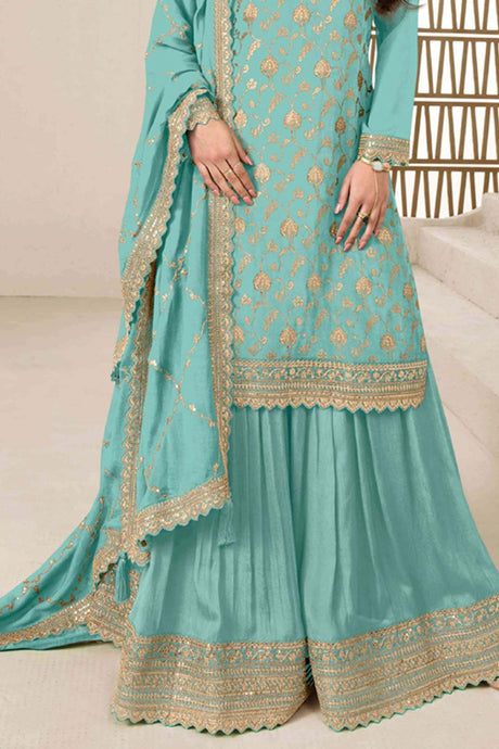 Turquoise Jacquard Embroidered Salwar Suit