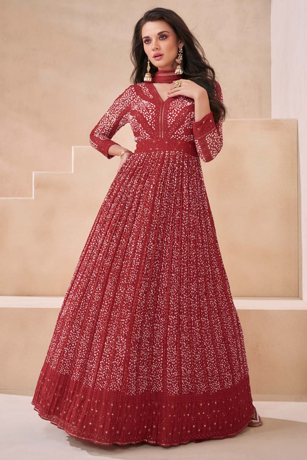 Maroon Georgette Embroidered Printed Anarkali Gown With Dupatta