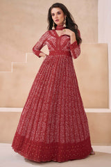 Maroon Georgette Embroidered Printed Anarkali Gown With Dupatta