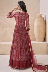 Maroon Georgette Embroidered Printed Anarkali Gown With Dupatta