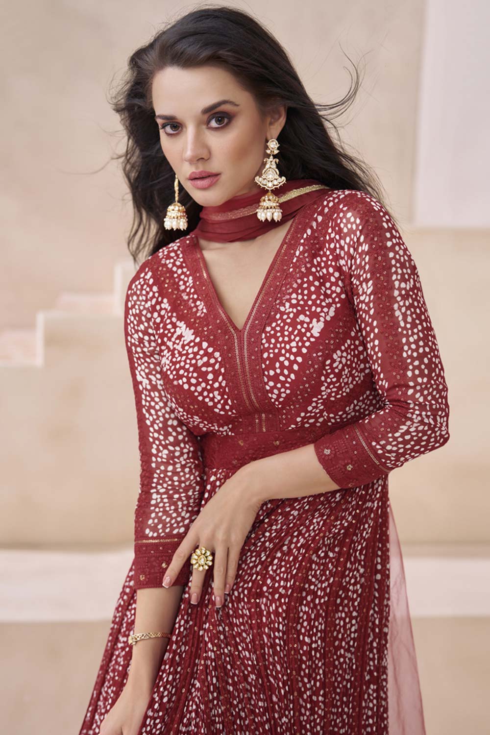 Maroon Georgette Embroidered Printed Anarkali Gown With Dupatta