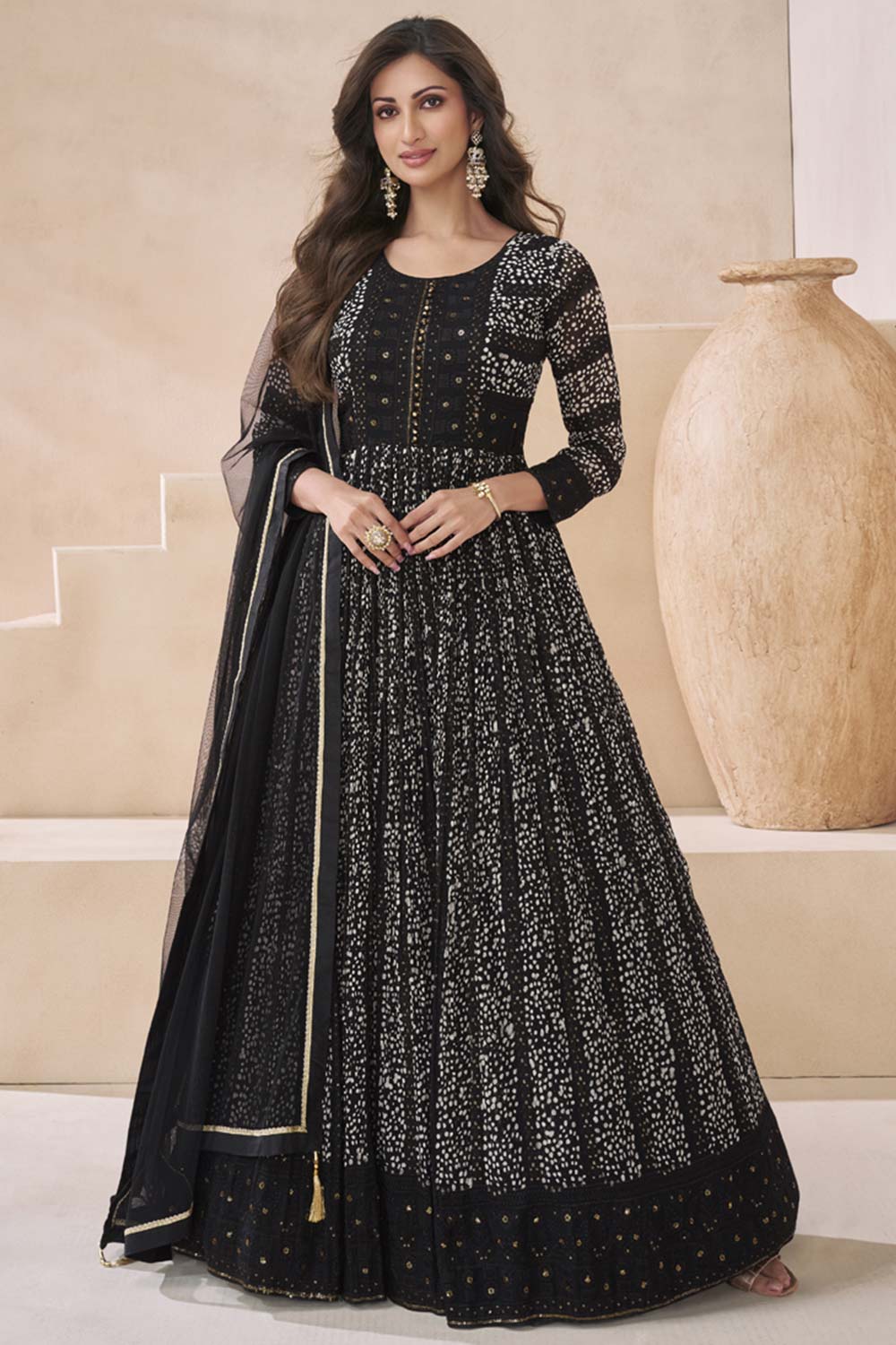 Black Georgette Embroidered Printed Anarkali Gown With Dupatta