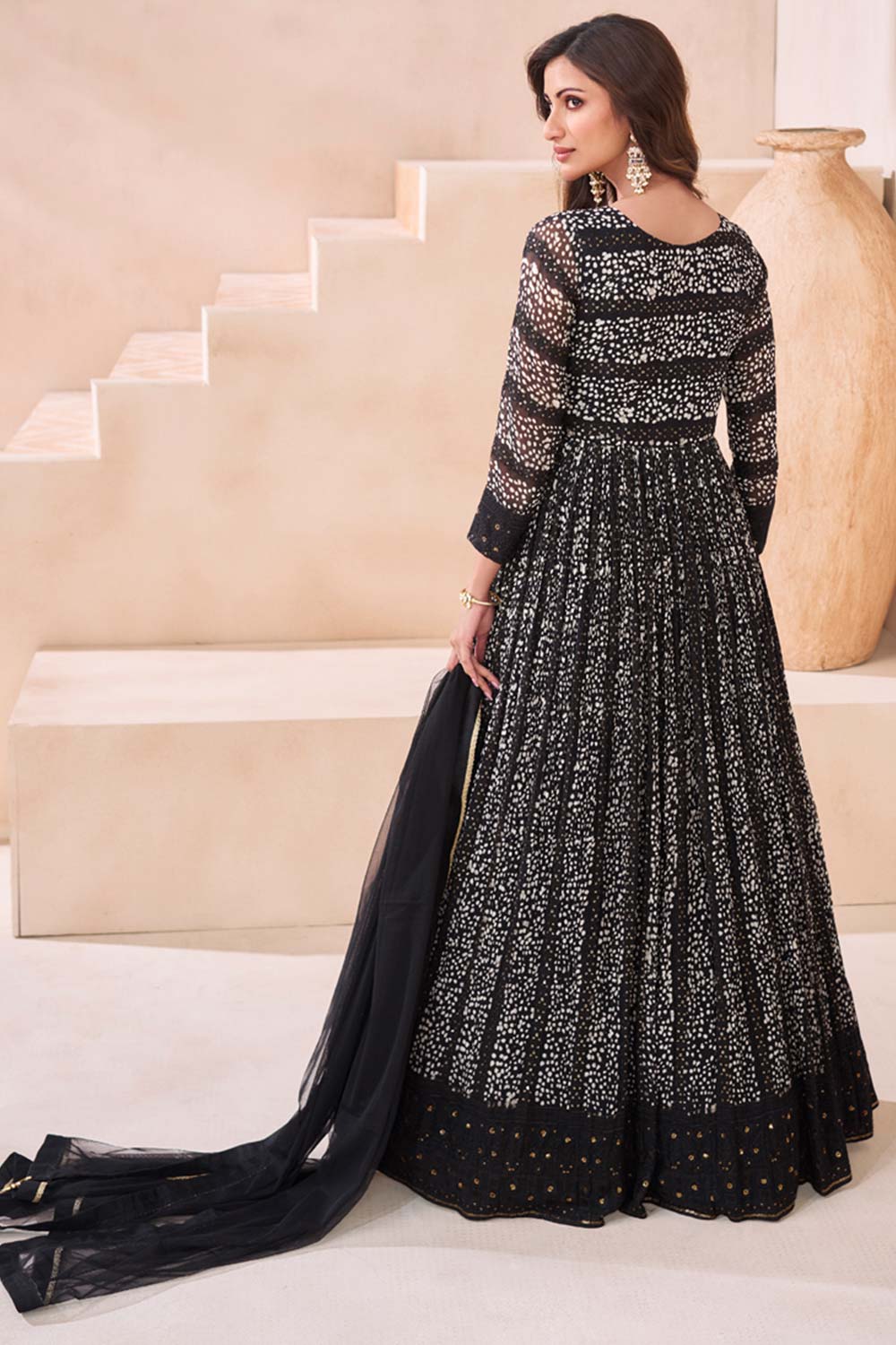 Black Georgette Embroidered Printed Anarkali Gown With Dupatta