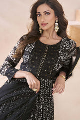 Black Georgette Embroidered Printed Anarkali Gown With Dupatta