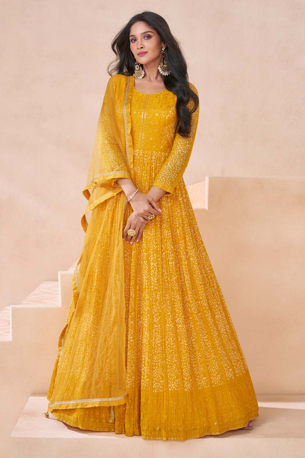 Yellow Georgette Embroidered Printed Anarkali Gown With Dupatta