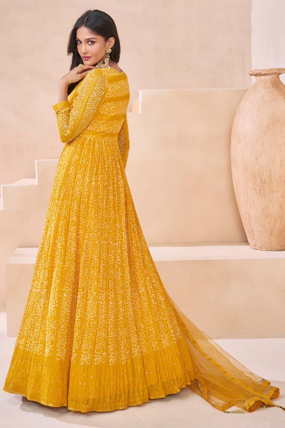 Yellow Georgette Embroidered Printed Anarkali Gown With Dupatta