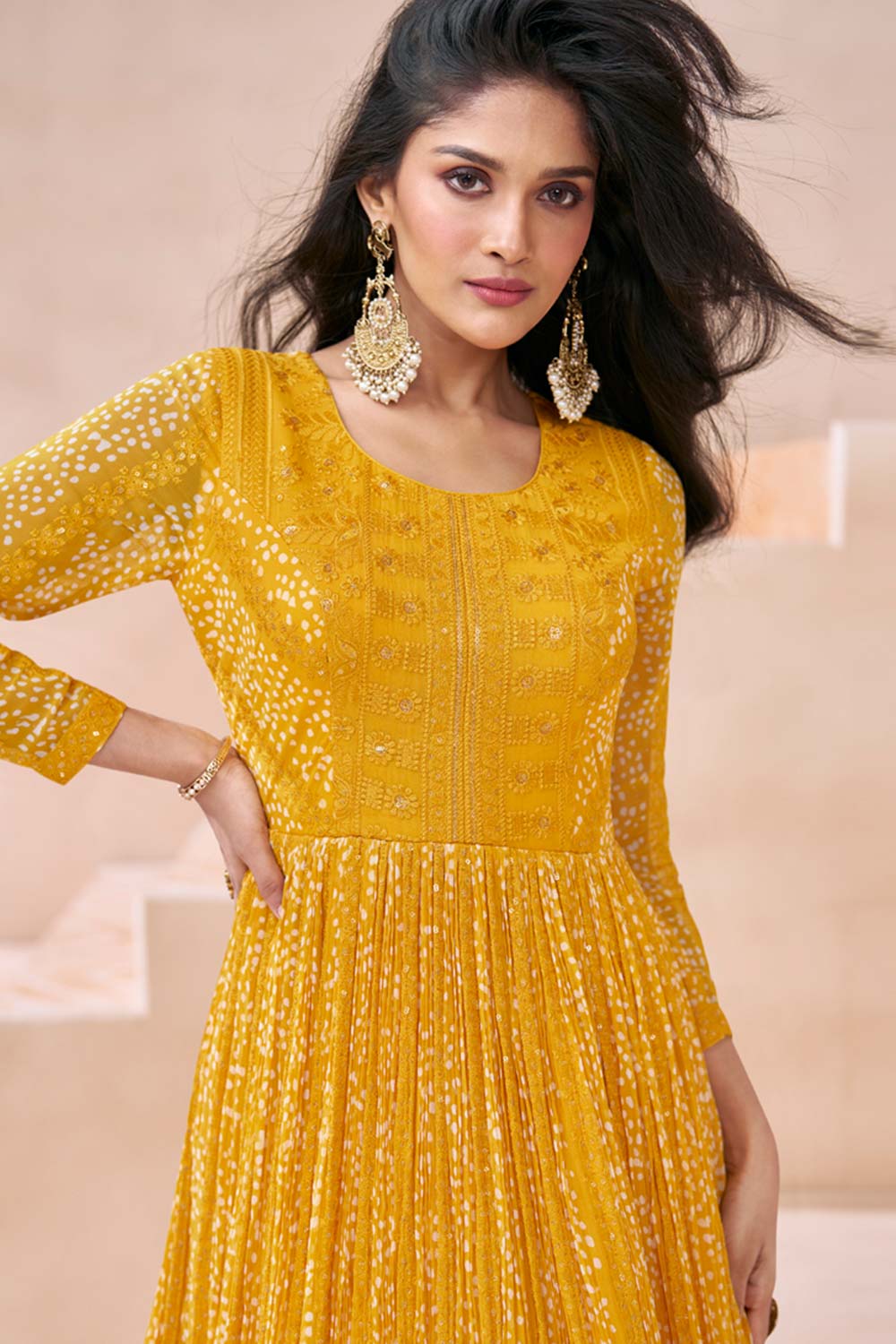 Yellow Georgette Embroidered Printed Anarkali Gown With Dupatta