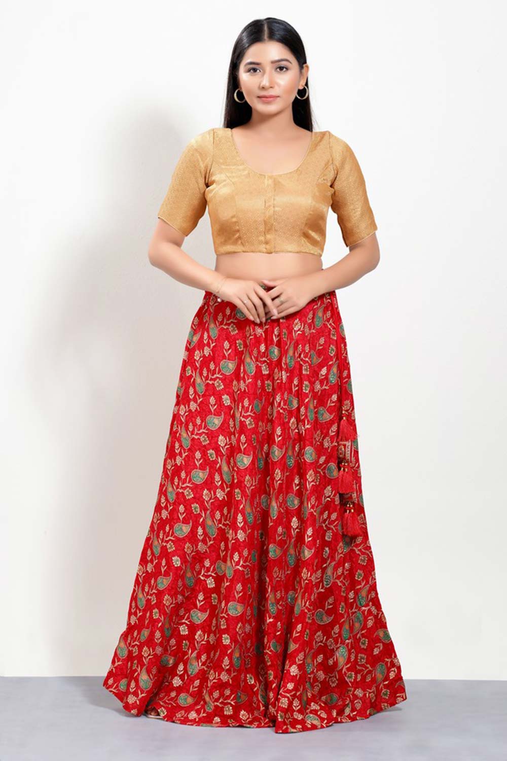 Gold Brocade Round Neck Elbow Sleeves Blouse