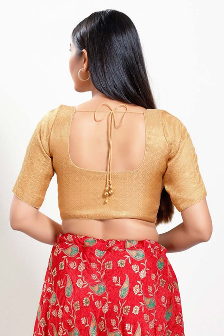 Gold Brocade Round Neck Elbow Sleeves Blouse