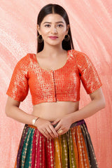 Orange Brocade Round Neck Elbow Sleeves Blouse