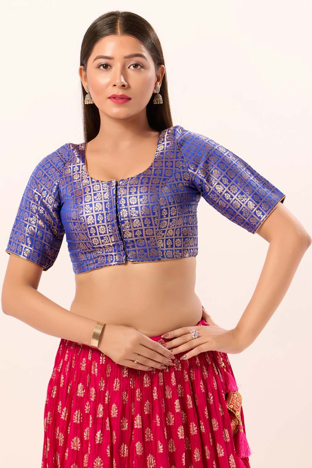 Royal Blue Brocade Round Neck Elbow Sleeves Blouse