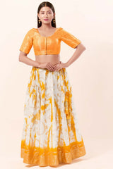 Yellow Brocade Round Neck Elbow Sleeves Blouse