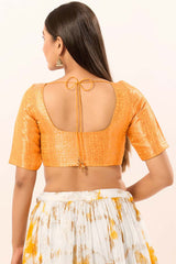 Yellow Brocade Round Neck Elbow Sleeves Blouse