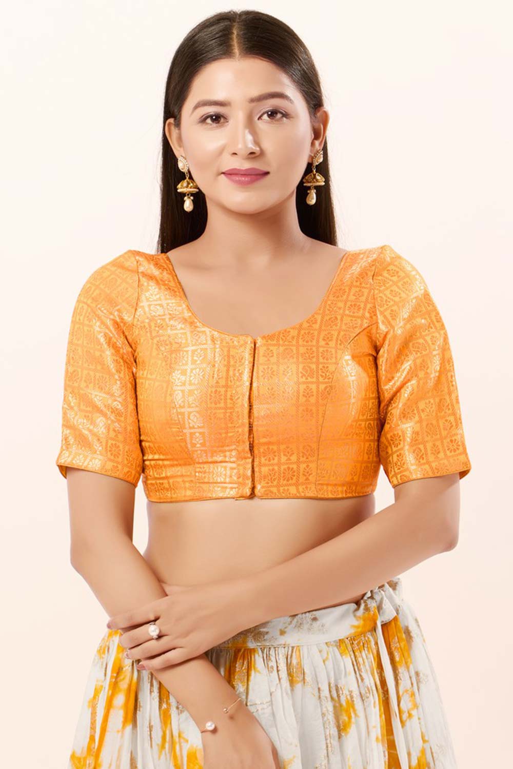 Yellow Brocade Round Neck Elbow Sleeves Blouse