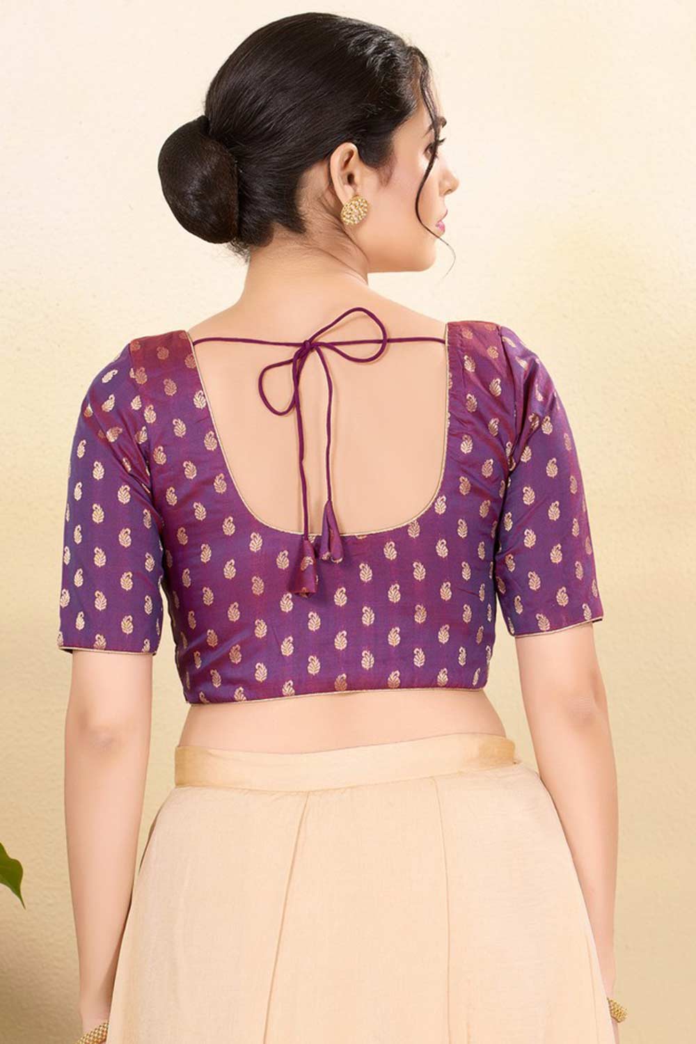 Purple Silk Embroidered Elbow Sleeves Blouse