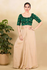 Bottle Green Silk Embroidered Elbow Sleeves Blouse