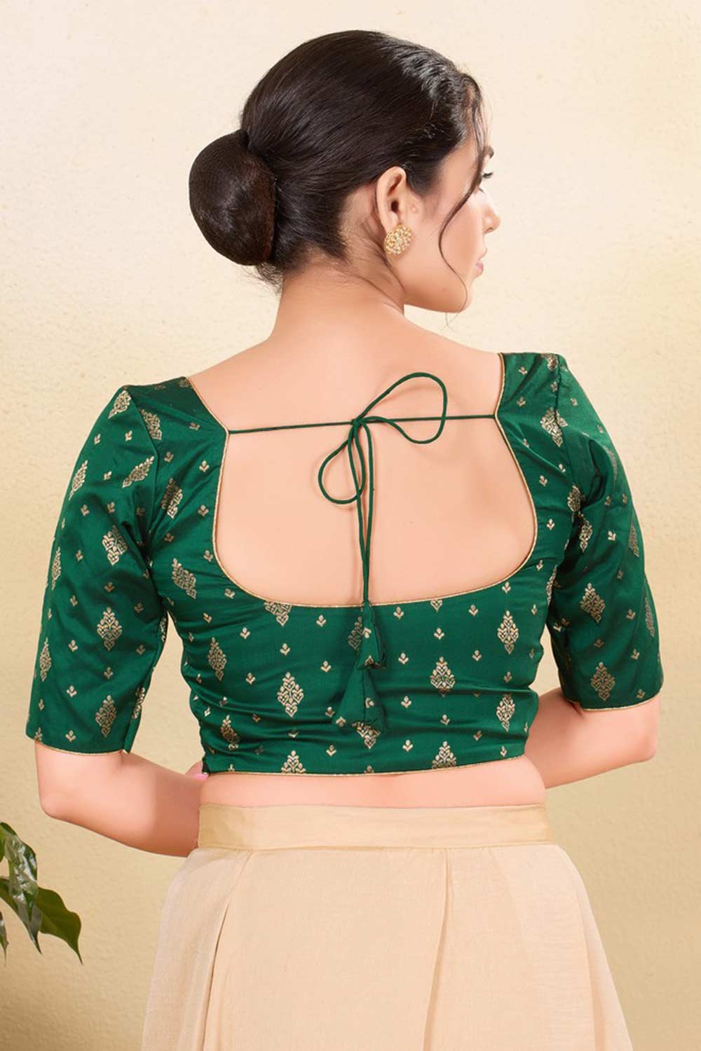 Bottle Green Silk Embroidered Elbow Sleeves Blouse