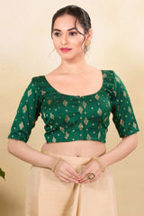 Bottle Green Silk Embroidered Elbow Sleeves Blouse