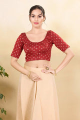 Red Silk Embroidered Elbow Sleeves Blouse