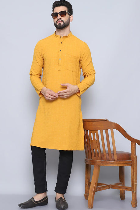 Men's Yellow Cotton Solid Long Kurta