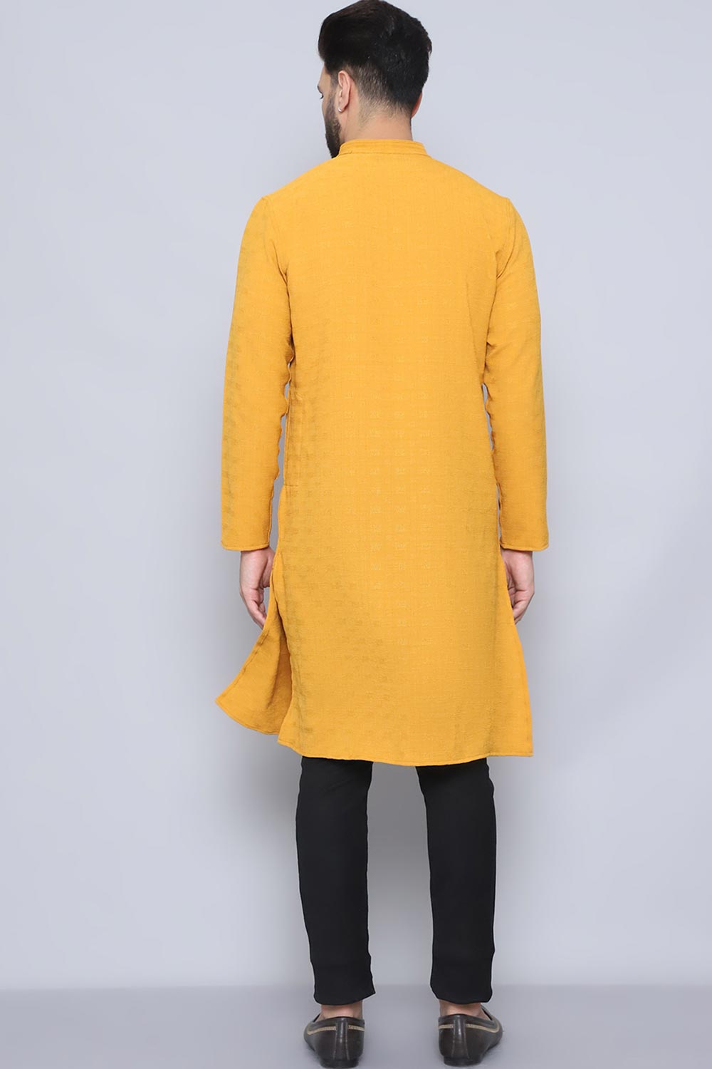 Men's Yellow Cotton Solid Long Kurta